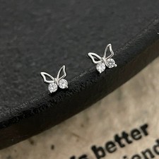 Shiny Zircon Inlaid Butterfly Silhouette Elegant Silver Plated Stud Earrings