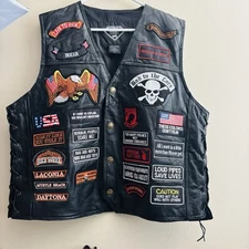 Diamond Plate™ Rock Design Genuine Buffalo Leather Biker Vest with 42 Patches