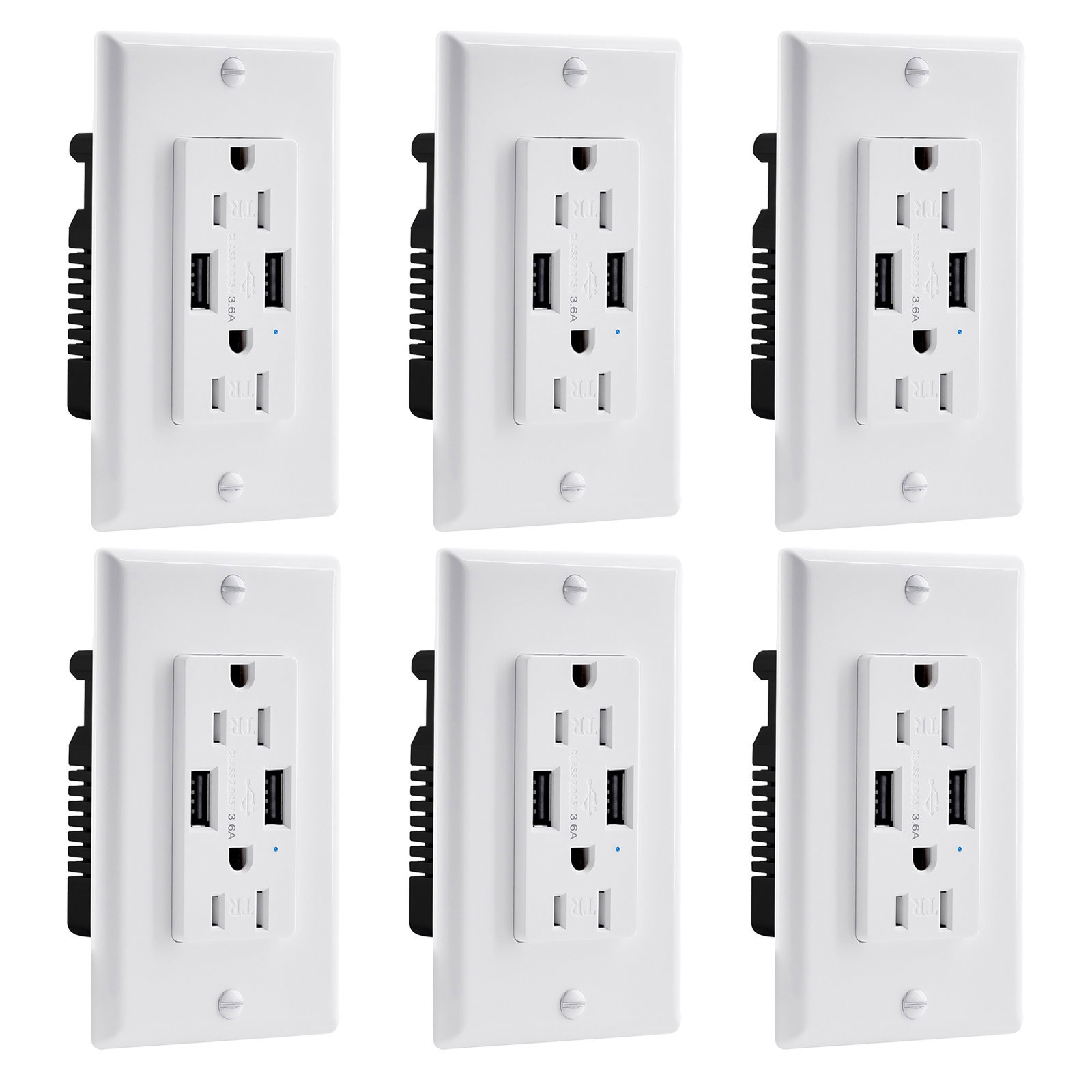 6PCS 3.6A Dual USB-A Fast Charging Electrical Outlet 15A TR Fireproof with LED