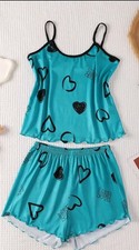 Ladies blue Two Piece Strappy Pyjama Set With Hearts Size 10