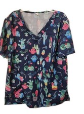 Cactus Friends Scrub Top Womens Sz Small, V-Neck, Short Sleeve, Stretch, Pockets