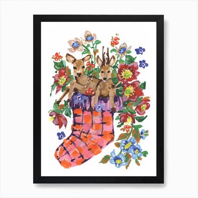 Hirsch im Strumpf, rot Kunstdruck gerahmt Wandbild Poster Leinwanddruck Bild
