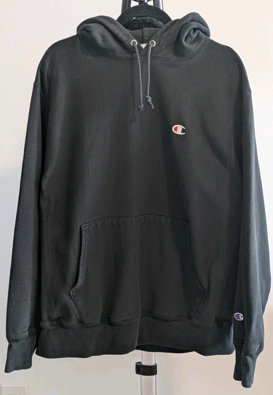 Vintage Champion Reverse Weave Hoodie Mens Large Faded Black Pullover Logo