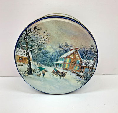 Collectible Christmas Winter Scene Metal Tin Can with Lid Empty 5-1/4''