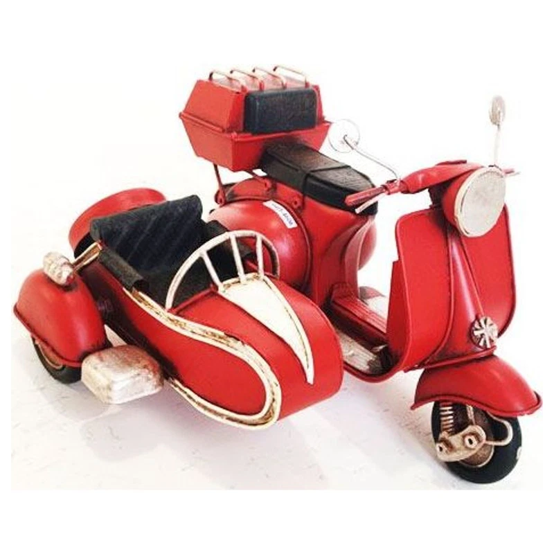 Moto Sidecar in Metallo Modellino Vintage Rosso 17,5x13,5x11 cm Retro Collezione