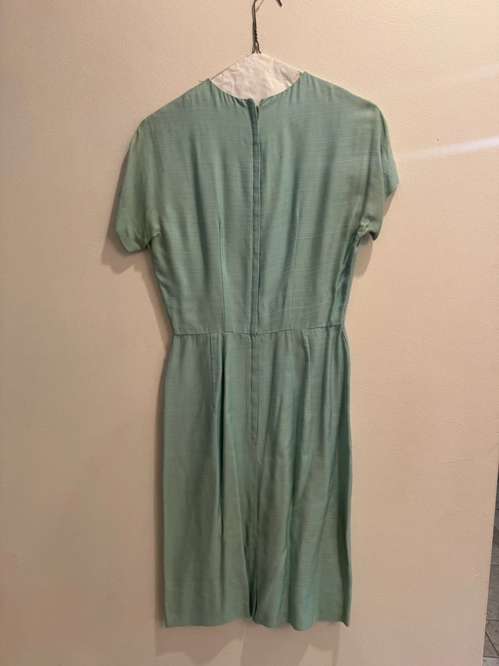 VTG 1950s Aqua Wiggle Dress W/Silver Embroidered Bows Cocktail Glam MCM Sparkle - Image 3 of 4