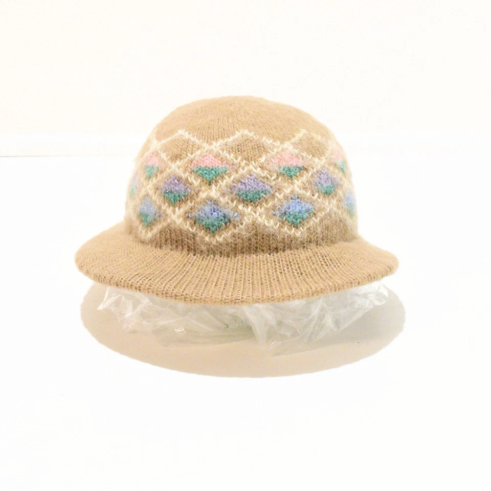 70s Vintage Hansen Tan Wool Knit Bowler Hat Geometric Pastel Argyle Womens M - Image 2 of 4