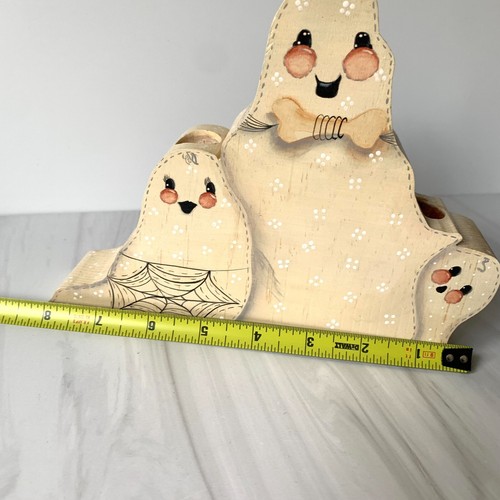 Halloween Candle Holder Wood Toleware Triple Happy Ghosts Hand Painted 80's 90's - Picture 14 of 14