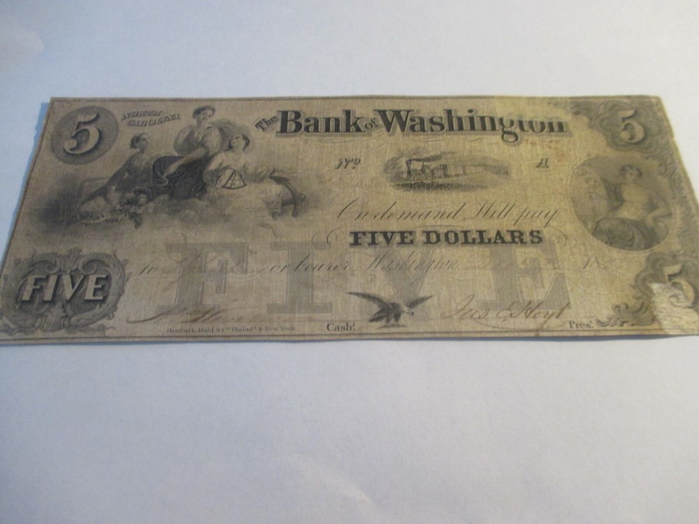 1852 Bank of Washington NC $5 Antebellum Pre Civil War Currency Note