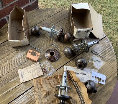 Vintage NOS Dexter Antique Copper & Brass Etched Door Knob Sets USA