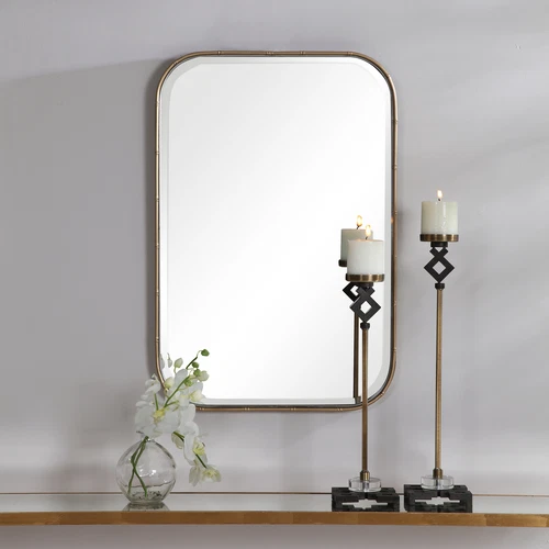 Minimalist Gold Metal Bamboo Wall Mirror Vanity Round Edge Rectangle Asian - Picture 3 of 8