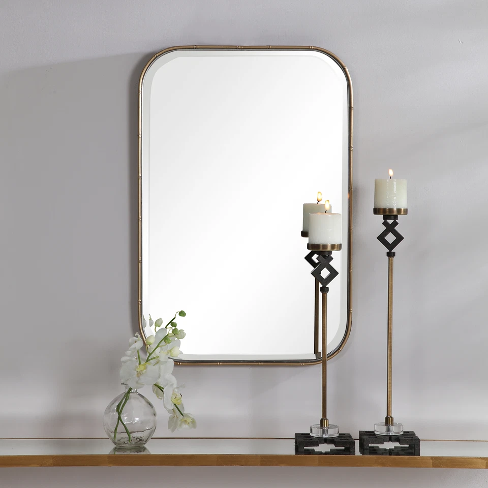 Minimalist Gold Metal Bamboo Wall Mirror Vanity Round Edge Rectangle Asian - Image 3 of 4