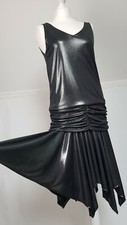 1980er Vintage Stefan Exclusive Black Metallic Flapper Party Petrol Schwarz Kleid M