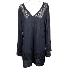 La Blanca Women  s Crochet Swim Cover Up Black Tunic Dress Size Large Boho EUC