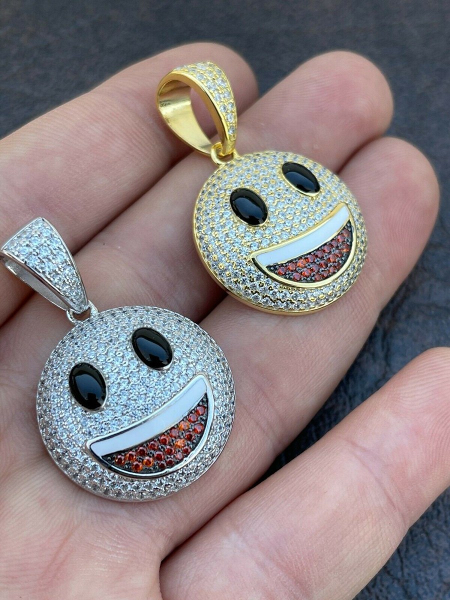 Real 925 Sterling Silver Smiley Face Emoji Pendant Necklace Gold