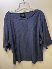 W5 Womens Blouse Top Blue Dotted Swiss Bat Sleeve With Ruffle Scoop Neck Sz M