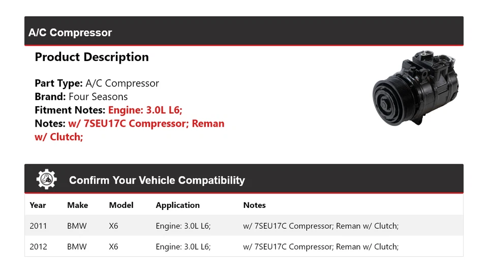 Compresor de aire acondicionado BMW X6 2011-2012 3,0 L L6 4 estaciones Foto 2 de 3