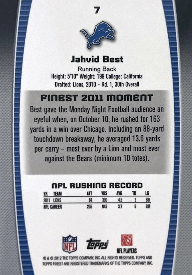 2012 Topps Finest Jahvid Best Detroit Lions #7 NMMT - Image 2 of 2