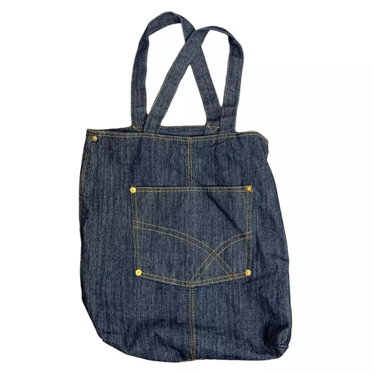 90s Dark Wash Denim Tote Bag 14 x 14 Blue Unlined Front Pocket Shoulder Straps