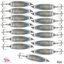 15pcs 2oz Fishing Spoons Trolling Flutter Treble Hook Casting Jigs Silver tape