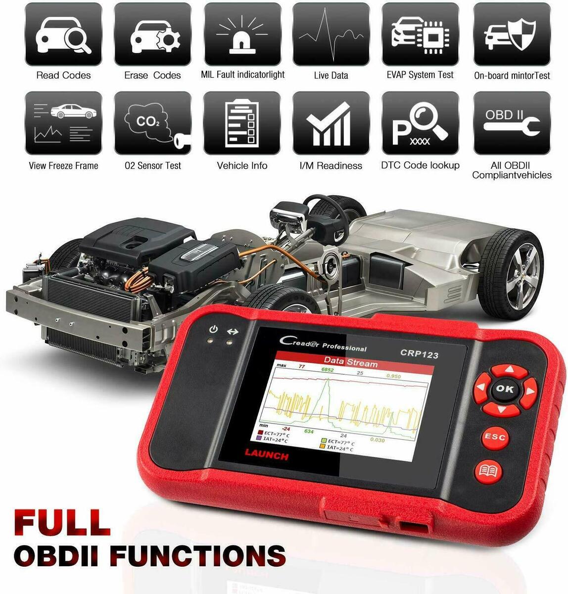 Launch CRP123 OBD2 Scanner Engine/ABS/SRS/Transmission Diagnostic Tools  Full OBDII Code Reader Lifetime Free Update Scan Tool