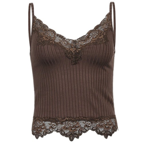 Crop-Top Damen Spitzenbesatz V-Ausschnitt lässig ärmellos gerippt Cami Trägertops Camisole - Bild 13 von 16