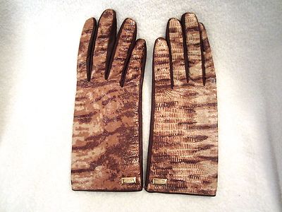 NWT Moschino Brown Lizard Texture Leather Gloves 7.5 M Silk Lined Italy Flaw