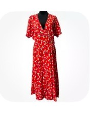 Faithfull The Brand Red Floral Print Short Sleeve V-Neck Midi Wrap Dress Sz XS/2