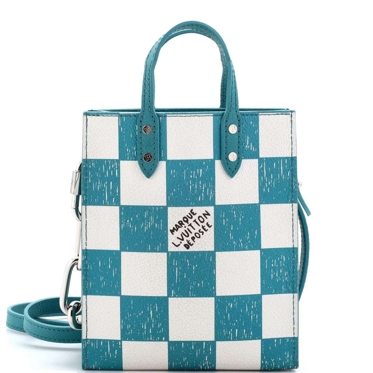 Louis Vuitton Sac Plat Bag Damier Checkerboard Leather XS Blue, White