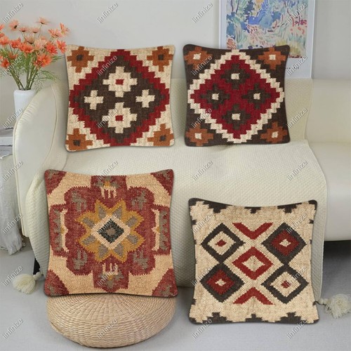 4 Set of Wool Jute Cushion Home Decor Handwoven Kilim Pillow Bohemian Pillowcase - Picture 109 of 120