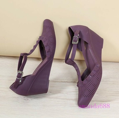 Womens Summer Plastic Wedge High Heels Jelly Shoes T-strap Waterproof Sandals Sz - Picture 14 of 18