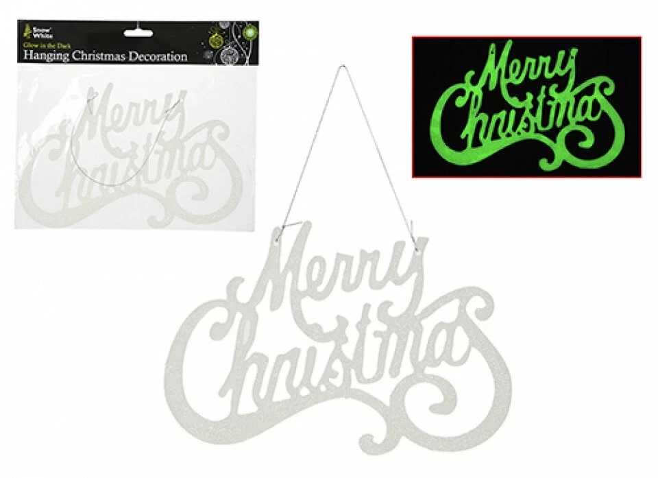 Merry Christmas GLOW IN THE DARK SIGN HANGING DECORATION 25cm x16cm (526001) - Image 1 of 1