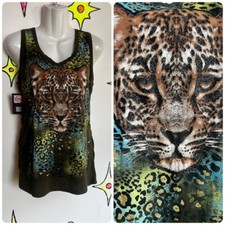 Y2K 2000s Leopard Graphic Tee Glitter Emo Fairy Grunge T Shirt Tank L