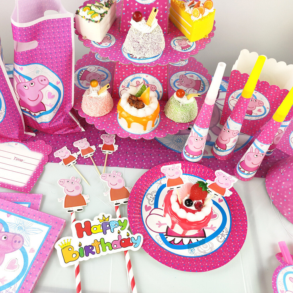 Peppa Pig Fiesta Decoración Rosa Cumpleaños Fiesta Suministros Plato Bandera Taza de servilleta