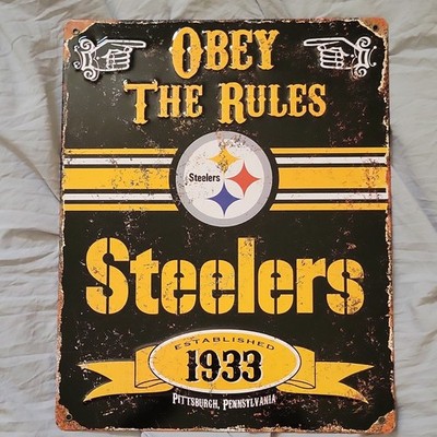 Steelers Obey The Rules Distressed Metal Wall Sign Black Yellow Football