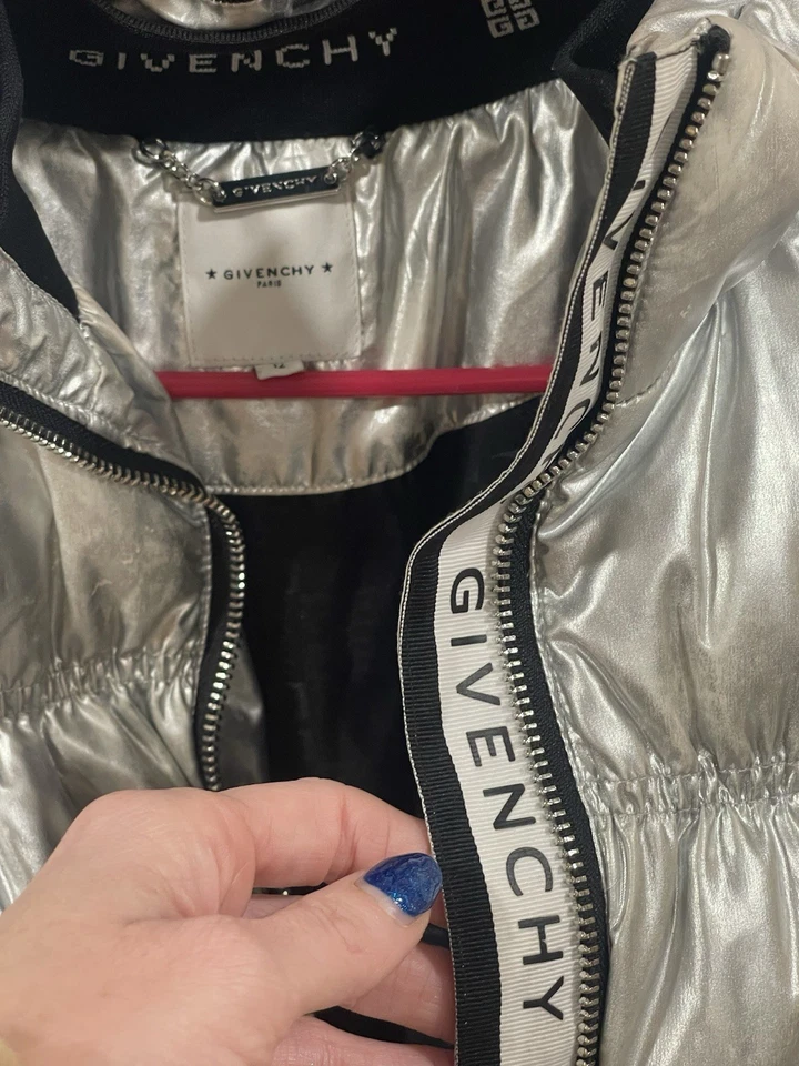 Givenchy Girls' Metallic Silver And Black  Down Puffer Jacket  Size 12 With Hood - Image 4 of 4