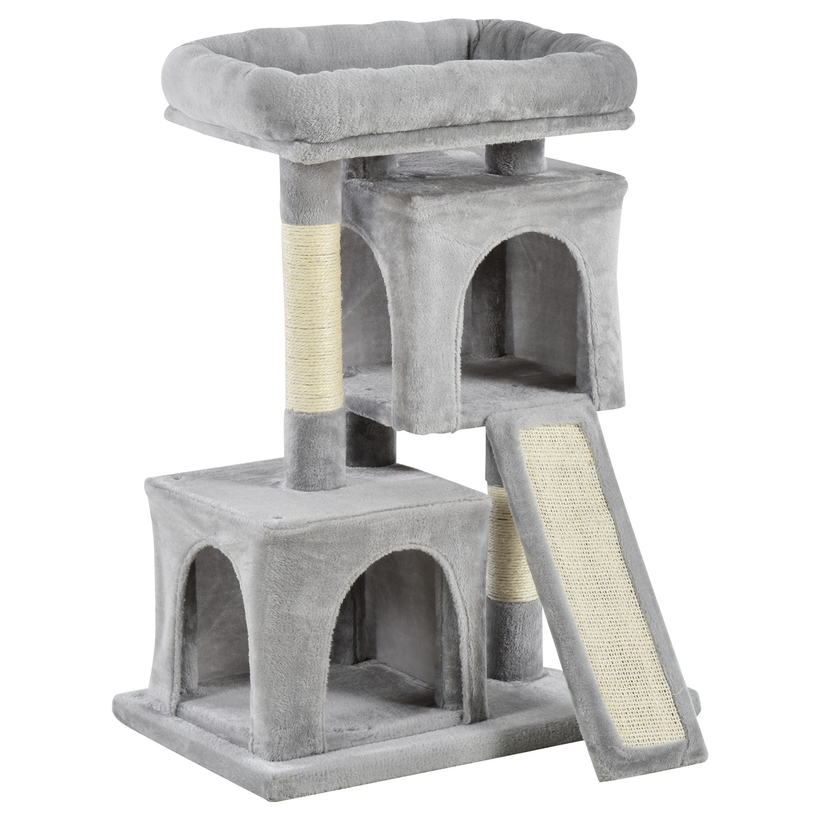 Albero Tiragraffi per Gatti con Pali in Sisal, Lettino e 2 Casette, 59x39x83cm,