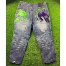 Eight 732 Mens Jeans 40x34 Blue Wash Green Purple Embroidery Baggy Y2K Vintage