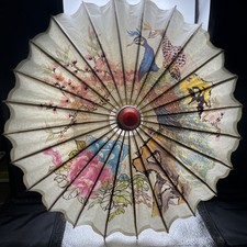 Traditional Vtg Chinese Style Bamboo Oil Paper Parasol 18" Birds Pheasants READ