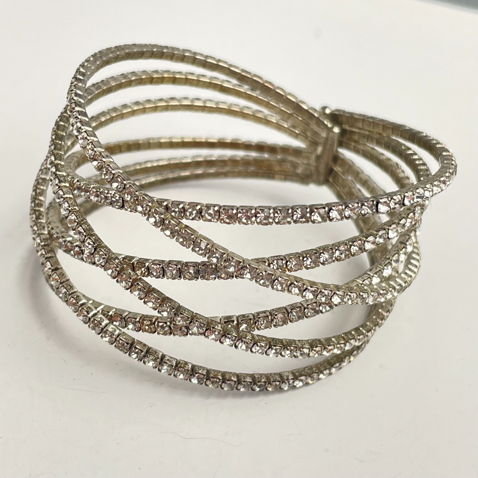 Vintage 90s Silver Tone Glass Rhinestone Multi Row Crossover Bangle Bracelet Y2K