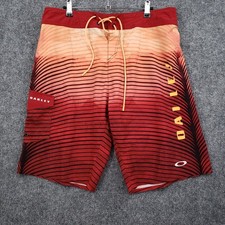 Oakley Performance Fit Board Shorts Mens 33 Red Stripe Drawstring Swim Trunks