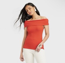 Women  s Bright Red Off The Shoulder Ribbed Top Size Small