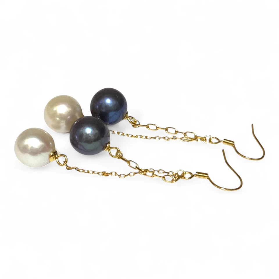 RARE 10 - 10.5mm 5A Luster White and Black Round Edison 2 Pearls Dangle Earrings - Image 3 of 4