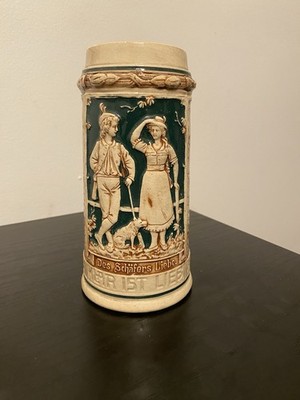 Vintage German Beer Stein Shepherd Scene Relief Stoneware Green Panel 7  Germany
