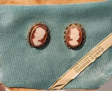 Vintage Amco 14K Gold Filled Carved Shell Cameo Screwback Earrings Filigree 