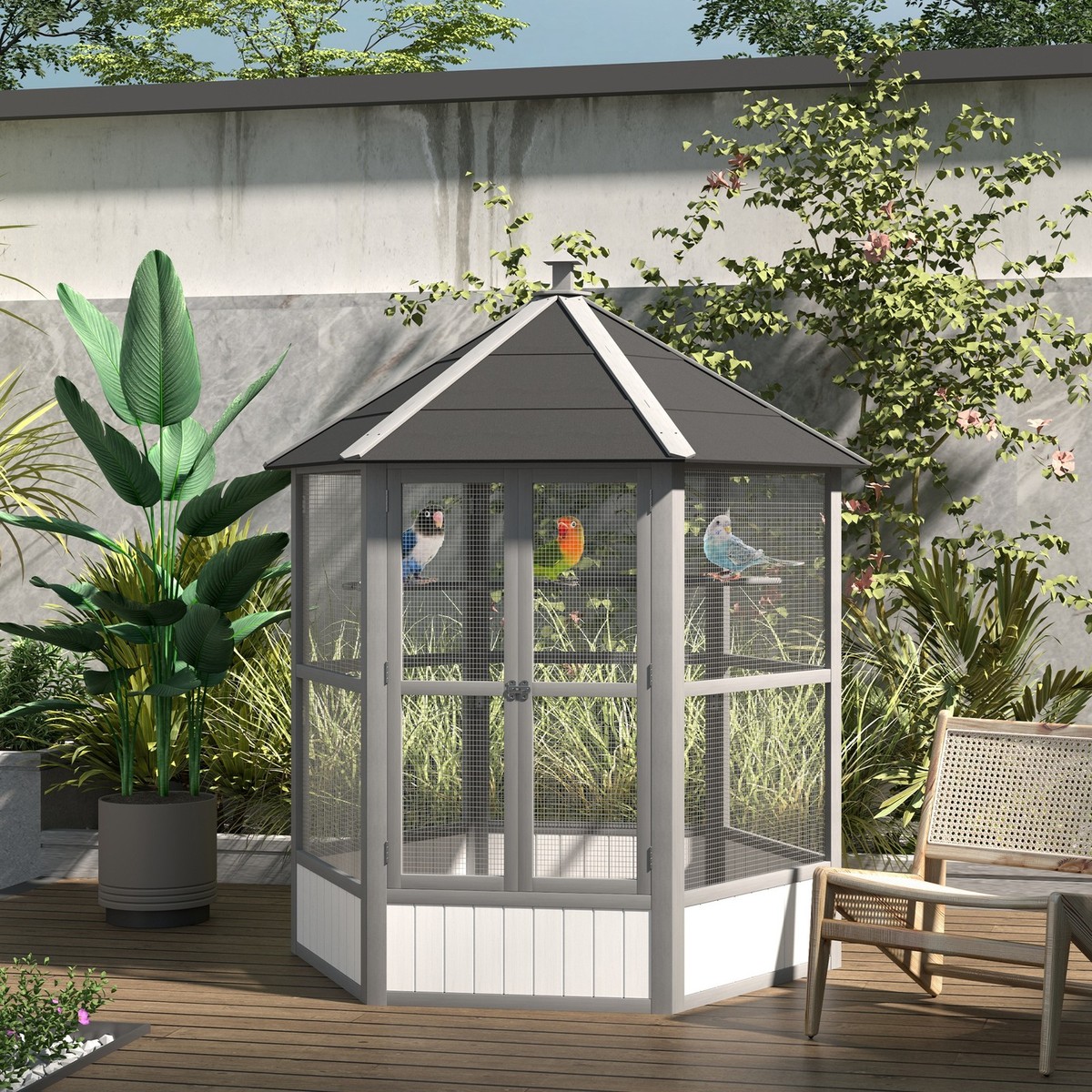 Large Wooden Aviary Flight Bird Cage With Covered Roof Outdoor