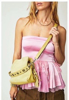 Free People SINDY  Suede Leather Crossbody Bag Handbag Bitter Kelp Gold NWT $108