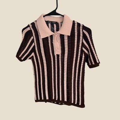 Mango MNG Brown Pink Striped Knit Polo Sweater Short Sleeve Womens Small
