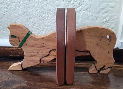 Vtg.  Folk Art Green Eyed Kitty Cat wooden Bookends Handmade Sparta,Tn Hardwood 