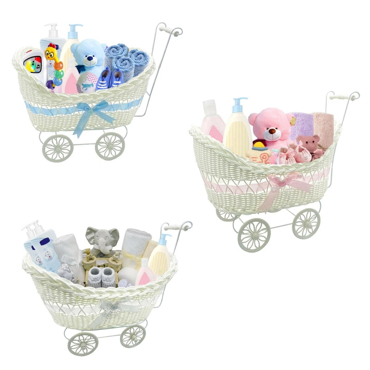 GIRLS BOYS PRAM BASKET GIFT LARGE WICKER HAMPER NEW BORN BABY SHOWER PARTY